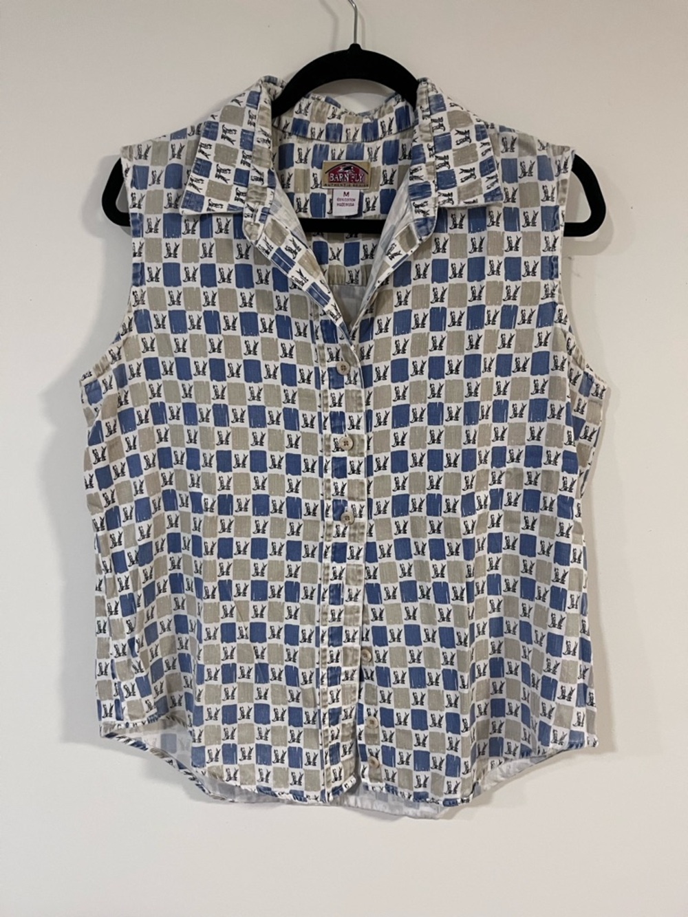 Sleeveless Button-Front Check Print Top in Blue & Beige
